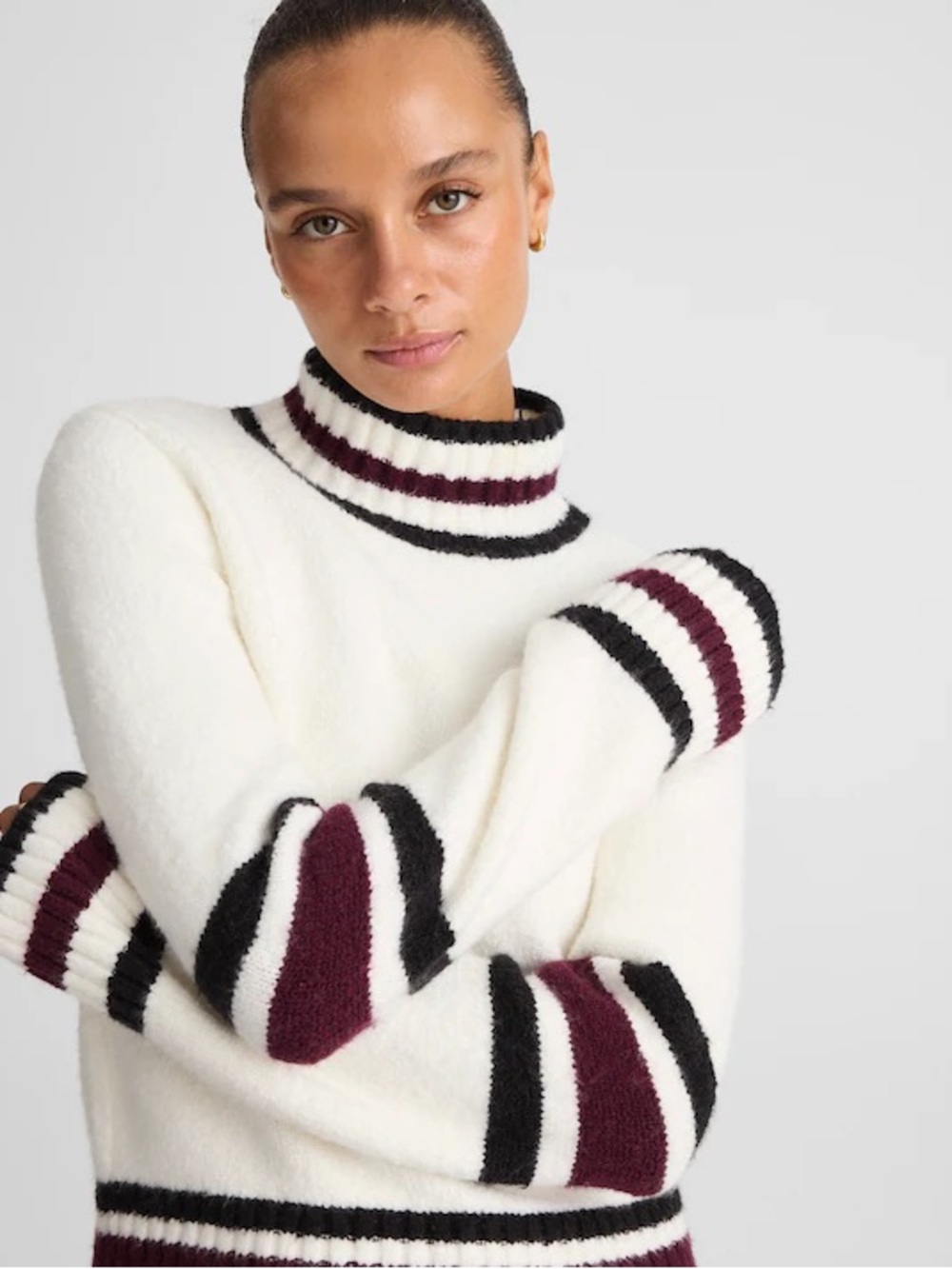 Madewell Ribbed-Trim Mockneck Sweater jet black stripe super soft Size XXS NWT